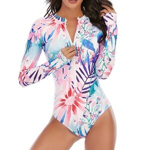 Rash Guard One Piece Swimsuit Women’s XL Long Sleeve Padded Bra Zip Floral NWOT